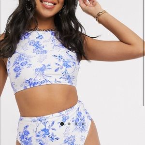 ASOS DESIGN High neck tie-back swim top in floral